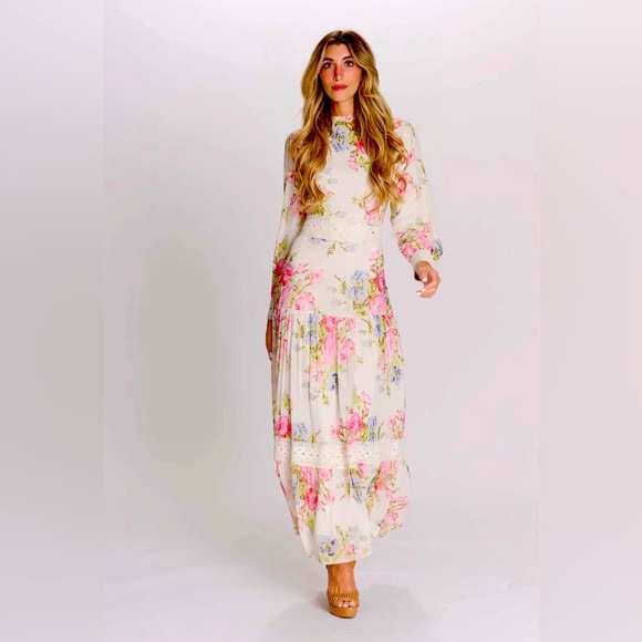 Parcelle Dresses & Skirts - Boho Floral Maxi Dress Parcelle Long Sleeve Cottagecore Lace Trim Pink